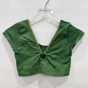 Aerie Ribbed Short Sleeve V-Neck Cropped Top Green Medium Circle Ring Detail